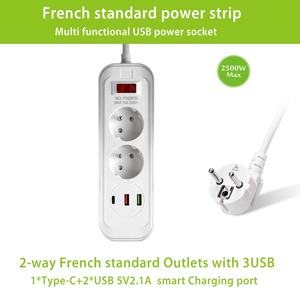 USBポート付きポータブルエクステンションコード、オーバーロード保護付きフランス標準電源ソケット、3 USB付きマルチアウトレットパワーストリップ - Product Image 2
