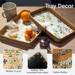 Plateau de rangement <span class=keywords><strong>en</strong></span> rotin incrusté de nacre, base <span class=keywords><strong>en</strong></span> bois, fait main, plateau <span class=keywords><strong>en</strong></span> osier, décoration de table basse, décoration de maison de style côtier, moderne et portable - Product Image 4