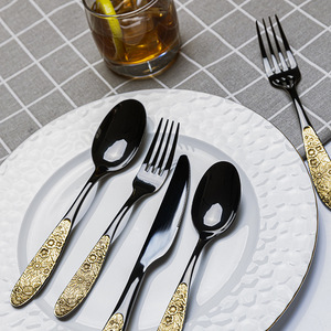 Juego de Cubiertos de Acero Inoxidable Negro y Dorado Estilo Europeo Retro Shiny Jh, Cuchillo, Tenedor y Cuchara, Acero 304, Acabado Pulido Espejo - Product Image 3