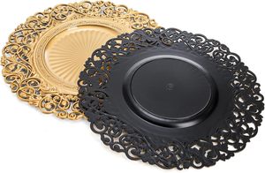 Assiettes de présentation en plastique doré antique de 13 pouces, décorées de motifs floraux ajourés, pour la décoration de table de mariage ou de fête. - Product Image 2