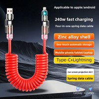 INGZOOM Kabel PVC Adaptor Paduan Seng 240W Pengisian Cepat USB 3.1 3-in-1 Tipe-C 1.8m Kabel USB Spiral untuk Perangkat IOS