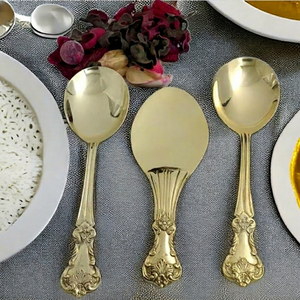 <b>Gold</b> Plated Stainless Steel Serving Spoon Set Craft India Overseas Vintage Design <b>Mirror</b> Polish <b>Long</b> Handle Durable Kitchen - Product Image 1