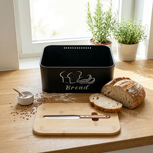 Caja de Pan Negra con Tapa de Bambú, Tabla de Cortar y Cuchillo Dentado, Contenedor de Pan Metálico para la Encimera de la Cocina, Pequeño Contenedor para Guardar Pan - Product Image 2