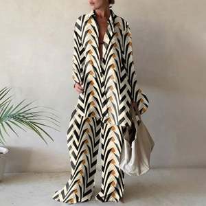 S-5XL femmes ample longue chemise + pantalons longs 2 pièces ensemble imprimé à manches longues bouton col en v revers col hauts vacances costumes décontractés - Product Image 4