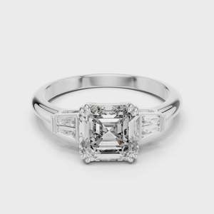 IGI Certified Lab Grown CVD Asscher Cut Diamond Three Stone <b>Ring</b> 14K 18K White Gold Yellow Gold Rose Gold Platinum Baguette Side - Product Image 1