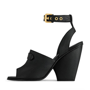 Sandales rétro en cuir motif litchi pour femme, à talon compensé haut et épais, avec bride de cheville et boucle monobloc, pour l'été - Product Image 6