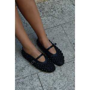 Ballerines noires pour femmes avec détails perlés, confortables, à enfiler, à bout pointu, chaussures habillées pour l'automne, en matériau léger - Product Image 2