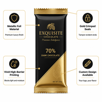 Envoltorio de chocolate personalizado al por mayor con logo, tipo flow wrap, de lámina dorada mate termosellable para barras de chocolate negro, dulces y snacks, OEM de fábrica.