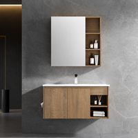 Ensemble de meuble-lavabo mural de salle de bain moderne de luxe en chêne mat avec vasque de rangement et armoire miroir sur le dessus du meuble-lavabo