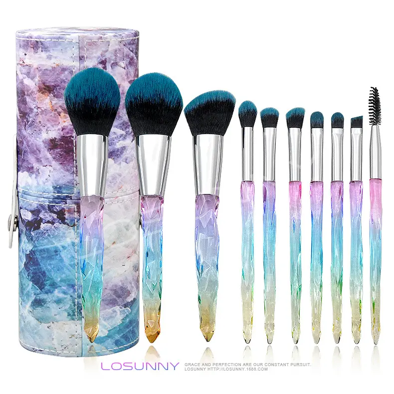 Private Label Metal Diamond transparent handle Brush Custom Logo 10pcs Luxury Glitter Diamond Bling Makeup Brush Set