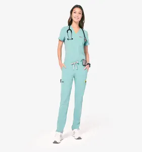 Breathable Elastic Hospital Uniforms Short Sleeve Jogger Quick Dry Nursing Scrubs Women Ruffle Stacked Sets Scrubs