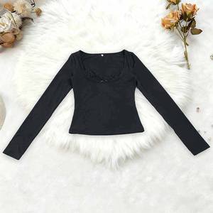 T-shirt minimaliste en maille unie à manches longues avec empiècement contrastant en dentelle, extensible, décontracté, écologique, coupe ajustée, automne, effet délavé - Product Image 6