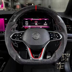 พวงมาลัยคาร์บอนไฟเบอร์แบบกำหนดเองสำหรับ VW Golf 6 7 8 GTI ID3 MK8 ID4 CC พร้อมตัวตัดสีแดงและแต่งขอบสีแดงเงิน - Product Image 1