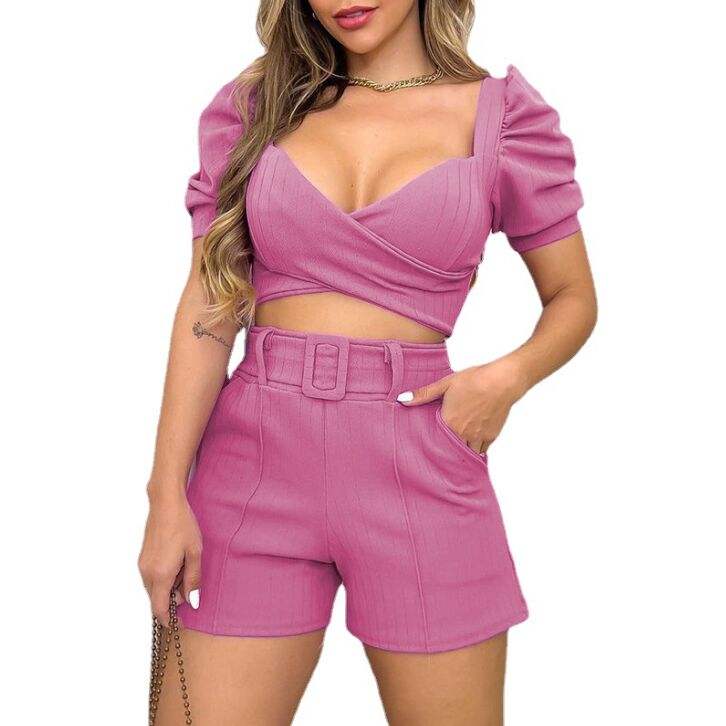 Women Puff Sleeve V-neck Short Blouse High Waist Shorts With Pockets Woman Suit Casual Two Piece Short Sets