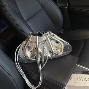 Women's Vintage Motorbike-Themed <strong>Drawstring</strong> Shoulder <strong>Bag</strong> <strong>Eyelets</strong> Hollow Crossbody Commuting Tote Dumpling Ruched Rivets Chain - Product Image 6