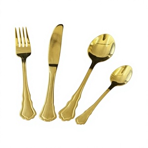 Elegante juego de cubiertos de metal dorado, 4 piezas, cuchara, tenedor, cuchillo, apto para lavavajillas, juego de cubiertos de lujo para uso en mesas de boda, 4 piezas - Product Image 1