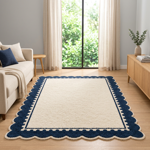 Premium Wool Cream Shag Area <b>Rug</b> <b>Navy</b> <b>Blue</b> Scalloped Border Design Non-Slip Hand Tufted Carpet for Living Room Bedroom Modern - Product Image 2