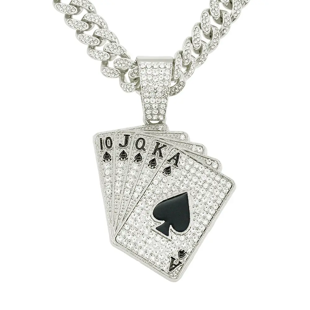 Men Women Hip Hop With Crystal Cuban Chain HipHop Iced Out Bling Necklaces Playing Card Pendant Necklace