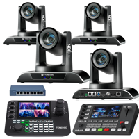 Kit de caméra de streaming en direct PTZ NDI avec zoom optique 30X et suivi automatique + Commutateur vidéo + Contrôleur joystick à écran partagé 4 voies + Commutateur PoE