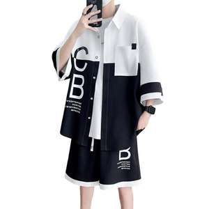 Ensemble deux pièces décontracté pour homme, manches longues, imprimé patchwork, avec short et chemise, tissu en élasthanne/coton - Product Image 5