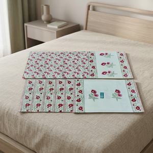 Ensemble de chemin de table et de tapis décoratifs à motifs blancs, rouges et verts |   7 pièces de tissu en coton 100% toile, imprimé à la main, pour la maison et la salle à manger - Product Image 3