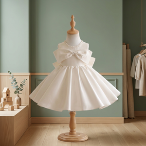 Robe de demoiselle d'honneur élégante en satin ivoire uni avec nœud et perles, robe de soirée de luxe pour filles, conception personnalisée OEM ODM - Product Image 2