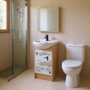 Meuble-lavabo de salle de bain 18 pouces avec vasque en céramique autoportante pour petites salles de bain, design minimaliste, finition claire - Product Image 2