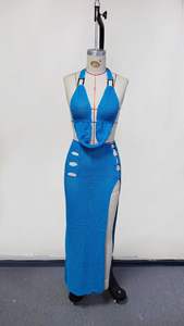 Viviblook Z307ST Conjunto de Dos Piezas de Verano para Mujer, Tejido a Crochet, Ropa de Playa, Sexy, Espalda Descubierta, Top Corto Halter, Falda Larga con Abertura - Product Image 5