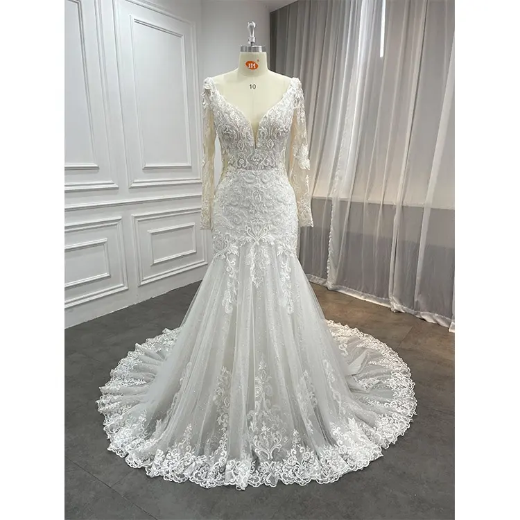 Factory Long Sleeve Mermaid Ivory Bridal Gown Heavy Beaded Bling Embroidered Lace Bodice Wedding Dresses with Veil