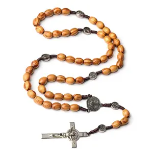 Natural Wooden Rosary Necklace 8*10 m Beads Handmade Woven Cross Border Jewelry Wholesale