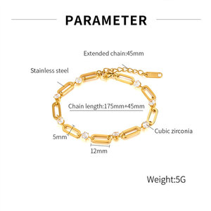 Pulseras y Brazaletes de Moda al por Mayor de Acero Inoxidable 316L, Pulsera de Cadena con Clip de Papel Chapada en Oro de 14k y 18k con Circonitas para Mujer - Product Image 6