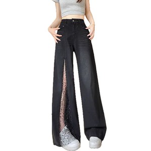 Pantalones Anchos de Encaje con Diamantes Brillantes Negros para Mujer, Diseño Sexy con Abertura, Jeans Finos para el Verano 2026 - Product Image 4
