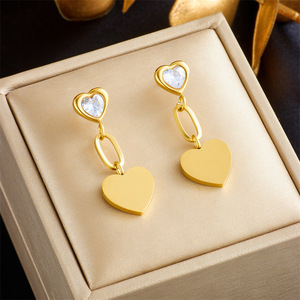 Heart-Shaped Drop <b>Earrings</b> Gold Plated Green Stone Bezel Setting Stainless Steel <b>Post</b> Gift Jewelry - Product Image 3