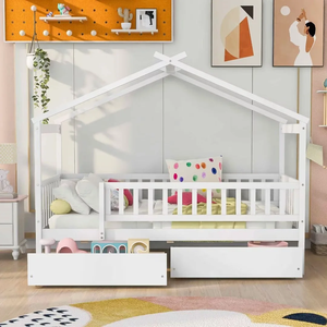 Letto Montessori per Bambini <span class=keywords><strong>a</strong></span> Una Piazza e Mezza con <span class=keywords><strong>Due</strong></span> Cassetti, Struttura in Legno di Pino Massiccio, Moderno, Pieghevole, con Contenitore, Colori Personalizzabili - Product Image 2