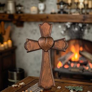 Scultura artistica in legno semplice in legno intagliato a mano in legno massello religioso decorazione per la casa-cuore eterno croce parete appesa scatola di legno a muro segno - Product Image 6