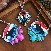 Colliers pendentifs Comiya rétro style western rose turquoise en alliage de zinc avec chaîne en bambou et imprimé cowboy, bijoux de mode