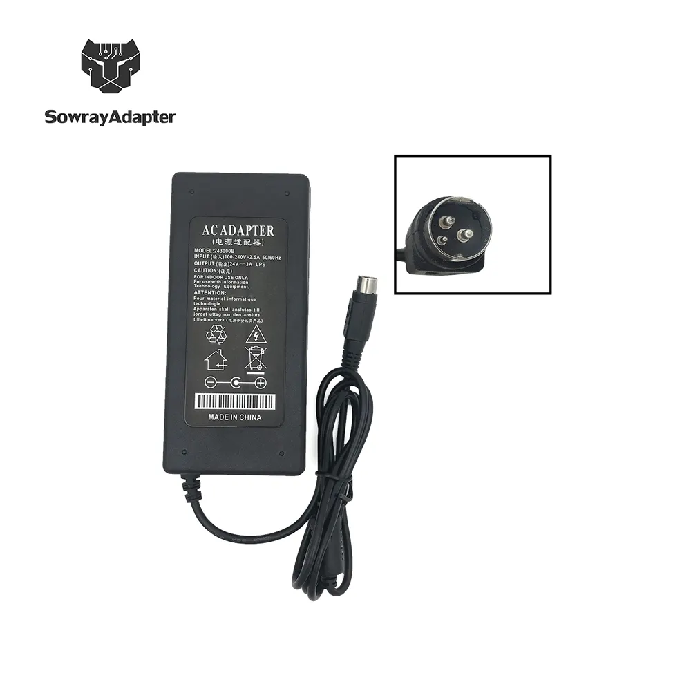 Bloc d'alimentation 3 broches 12V 24V 3A, alimentation électrique, adaptateur pour imprimante, boîtier TV, MP3, appareil photo