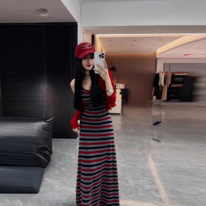Women Two Piece Set Red Knitted Cardigan Striped Slip Dress Casual Style Full Sleeve Color Blocking Pattern Printing - Product Image 3