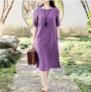 <span class=keywords><strong>Robe</strong></span> mi-longue décontractée d'été vintage en <span class=keywords><strong>coton</strong></span> et <span class=keywords><strong>lin</strong></span> à manches courtes pour femme, idéale pour la <span class=keywords><strong>plage</strong></span> et les fêtes - Produit tendance OEM Liu Ming - Product Image 5