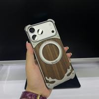 Coque de protection de luxe en noyer sans cadre avec anneau magnétique rotatif à 360 degrés, compatible avec divers modèles