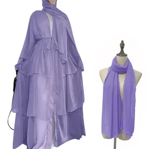 Dubai Arab gaun Maxi sifon tiga lapis gaun Maxi warna polos kardigan terbuka depan jubah lengan panjang Islam gaun Abaya