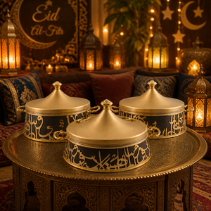 Service de plats isothermes à motif arabe doré, ensemble de 3 pièces, chauffe-plats thermique non électrique pour présentation de buffet d'hôtel de luxe - Product Image 1