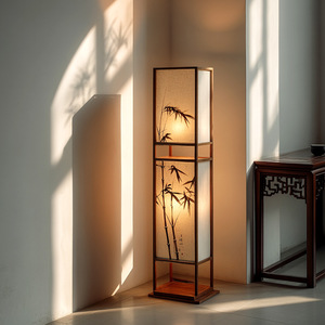 Lampe de sol carrée en bois massif avec peinture feuille de bambou, source lumineuse LED, commande par interrupteur, style zen rétro, pour salon ou salle de thé - Product Image 1