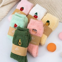 Dameskousen tot halverwege de kuit, koraalfleece, gebreide sokken, Japanse stijl, fruitborduurwerk, pluche, winter, effen kleur, dik, ademend, thermo