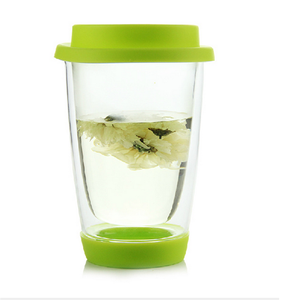 Gobelet en verre à double paroi isolé de 350ml 12 oz à emporter tasse de voyage transparente réutilisable avec couvercle en silicone - Product Image 1