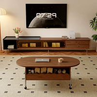 Ensemble de meuble TV moderne minimaliste en bois et table basse ovale relevable avec rangement, mobilier de salon intérieur au design unique
