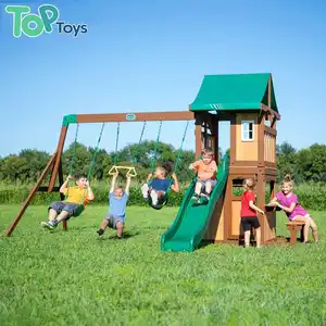 TOP Kids-Columpio de madera con tobogán de plástico para patio trasero, casa de juegos infantil