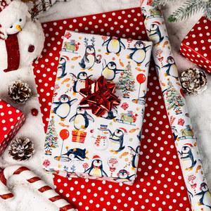 Penguin Christmas Motifs Gift Wrapping Paper Double-Sided Art Paper <b>Roll</b> for Holiday Packaging - Product Image 1