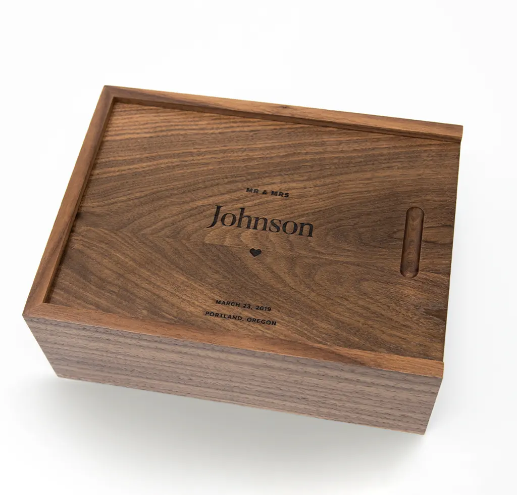JUNJI modern wooden gift box with push pull cover carving lid personalized wooden box small Wood Keepsake box