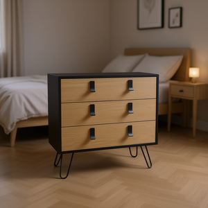 Comò Moderno a 3 Cassetti in Legno Macadamia Nero con Gambe a Forcina, Arredamento per Camera da Letto - Product Image 2